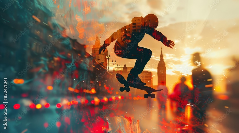 Naklejka premium Skateboarding, emphasis on skater, copy space, vibrant colors, double exposure silhouette with metropolitan landscape.