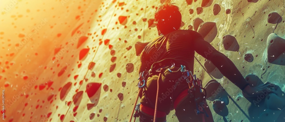 Sport climbing, emphasis on grip, copy space, bright tones, double exposure silhouette with climbing grips. Sport climbing, emphasis on grip, copy space, bright tones, double exposure silhouette with climbing grips.