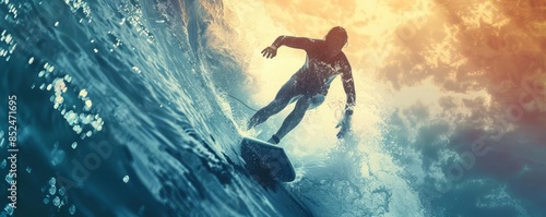 Surfing, close up on wave, copy space, bright hues, Double exposure silhouette with surfing action photo