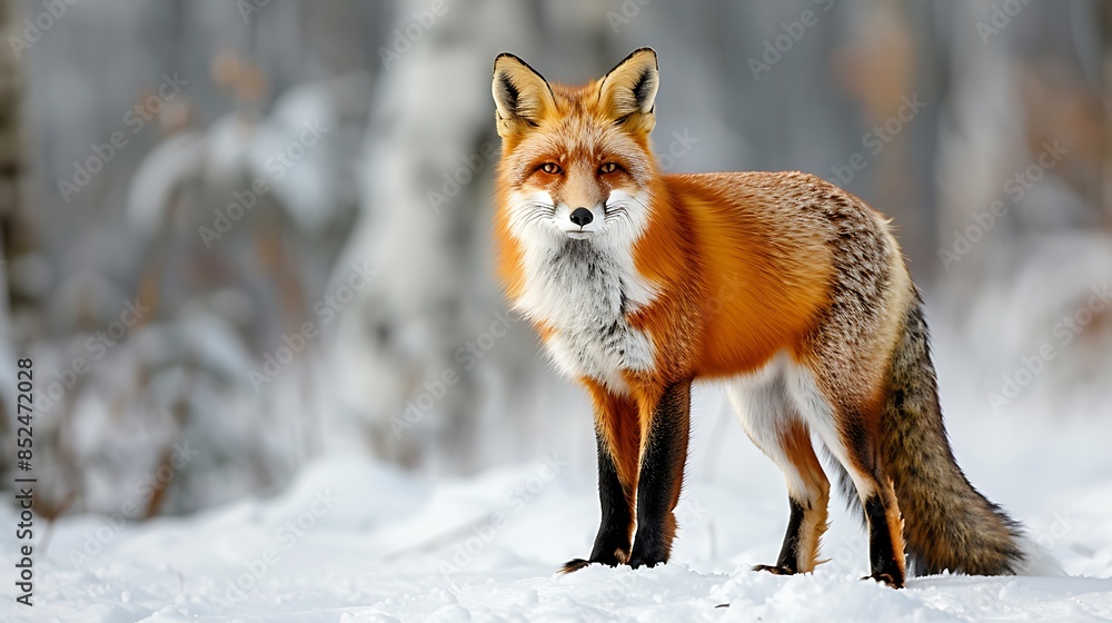 Wild red fox watches prey in the winter Wild red fox watches prey in the winter