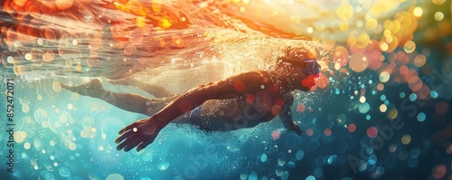 Silhouette of a swimmer underwater with sunbeams and colorful bubbles