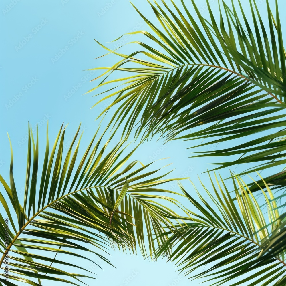 Fototapeta premium Large green palm leaves on a blue sky background. Summer background. The concept of travel, tourism, and recreation.