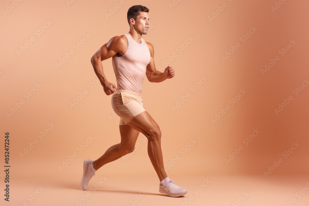 man in fitness clothing, glamour, running, on beige background man in fitness clothing, glamour, running, on beige background