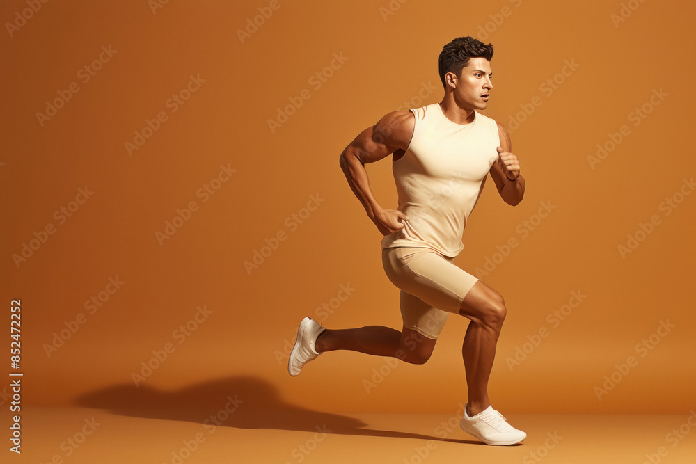 man in fitness clothing, glamour, running, on beige background man in fitness clothing, glamour, running, on beige background