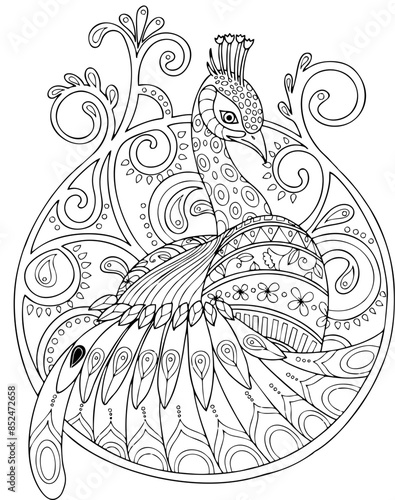 Vector illustration of a peacock design, handrawn, tattoo design, rangoli design, mehandi design