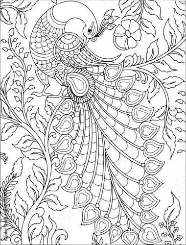 Vector illustration of a peacock design, handrawn, tattoo design, rangoli design, mehandi design