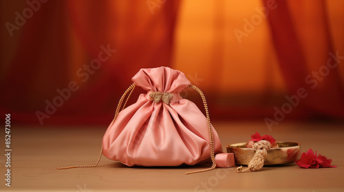 clutches for women, pink silk potli placed on table, beige background photo