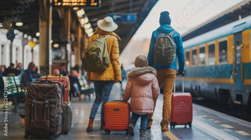 Family Ready for Holiday Trip Standing at Train Station with Varied Luggage Sizes and Train in Background © spyrakot