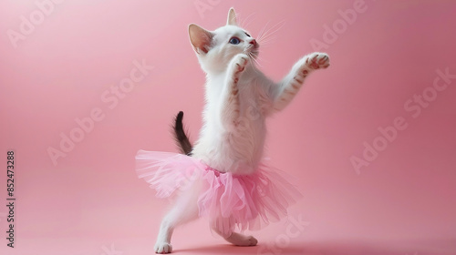 Cute Kitten dancing Ballet on pink background with copy space. Fun dance animal creative concept. Generative AI.