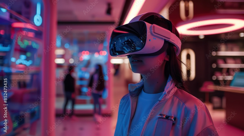 Metaverse technology concept. Woman with VR virtual reality goggles. Futuristic lifestyle. Metaverse technology concept. Woman with VR virtual reality goggles. Futuristic lifestyle.