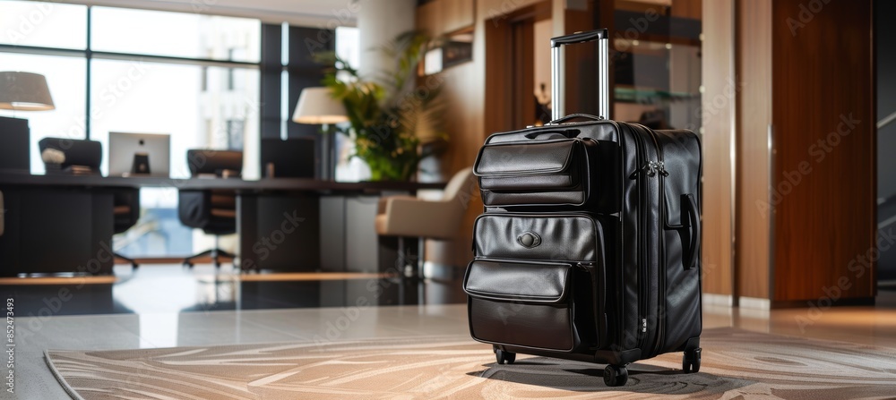 Naklejka premium Professional Business Travel Rolling Briefcase in Elegant Office Setting - Ideal for Organized Travel