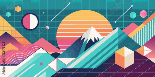 Mountains are a vivid geometric landscape,sun setting or rising in the background, various abstract shapes floating in the patterned sky. Colors are sharply divided into different geometric shapes.AI