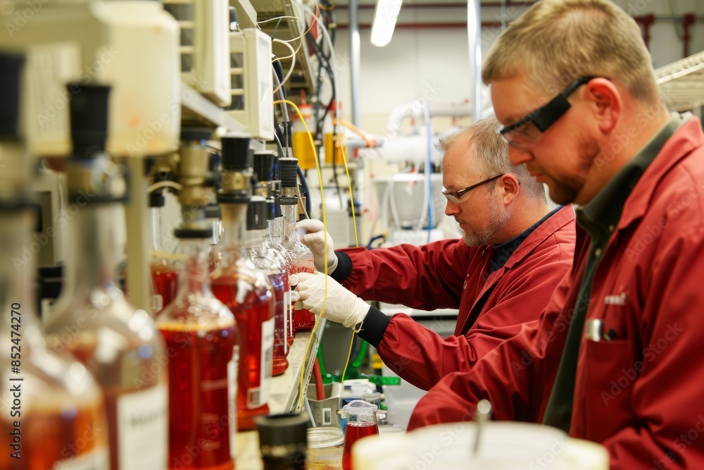 Obraz premium Researchers Analyzing Biofuel Efficiency in Advanced Laboratory Setting