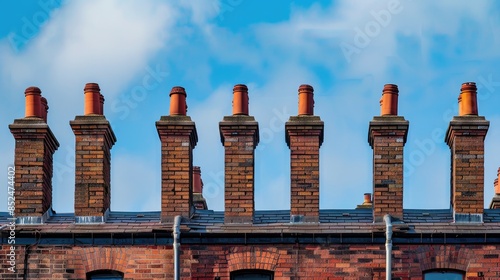 Eight chimneys aligned in a row against a backdrop of blue sky in Glasgow photo
