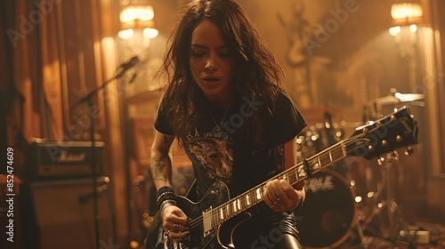 Portrait of a rock girl playing Bass Guitar: A dynamic shot of a female in grunge rock attire, playing an electric bass guitar, with a fierce expression and intense energy.