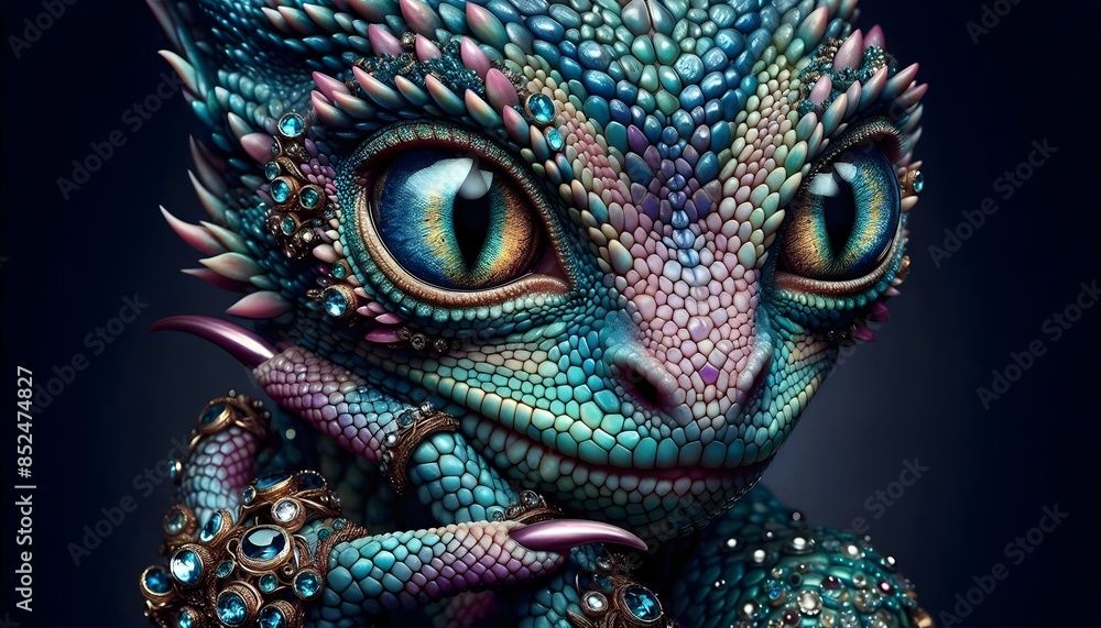 Fototapeta premium Fotografía, criatura mística, reina, rey, dragón, joyas, escamas, majestuoso, detallado, colores vibrantes, arte digital, surrealismo, mágico, deslumbrante, elegante, místico, extraterrestre