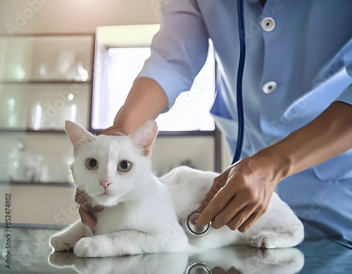 Veterinarian examining a cat with his stethoscope,and The camera's focus is on the veterinarian's hands