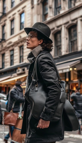 Modern Traveler with Stylish Expandable Tote Bag in Bustling City Street for Urban Adventure © spyrakot