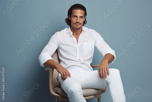 Young handsome man in white shirt and sitting on chair