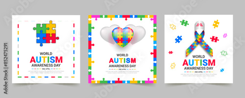 World autism awareness day social media post template set. puzzles head child heart hand balloon ribbon icon. April 2	