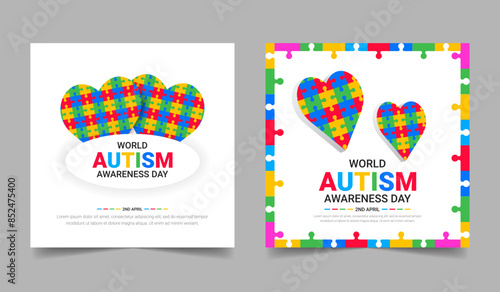 Social media post or banner template of World autism awareness day. Autism Awareness Month card with puzzle heart, 2 April,