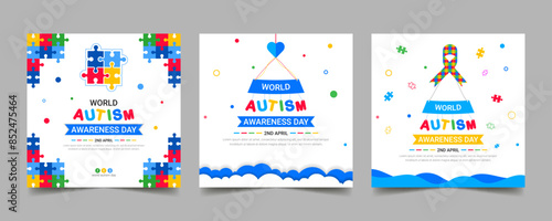 World autism awareness day social media post banner template set. Symbol of autism, World Awareness Day card. 2 April