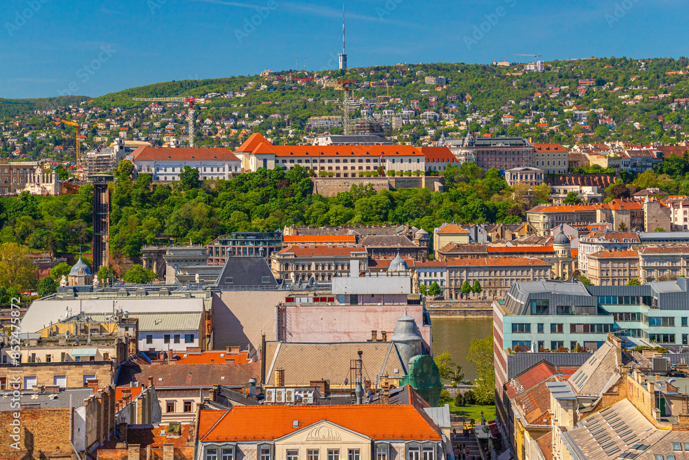 Cityscape of central Budapest, view from St. Stephen's Basilica, Carmelite Monastery from a distance, Hungary.