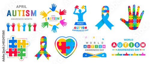 Set of world autism day illustrations. 2 April world autism awareness day background design bundle. puzzles, head, child, heart, hand, ribbon, etc.
