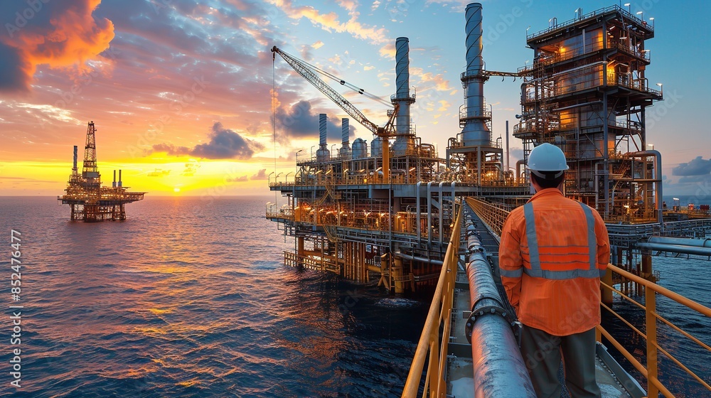 A worker in a safety vest stands on an offshore oil rig platform at sunset A worker in a safety vest stands on an offshore oil rig platform at sunset