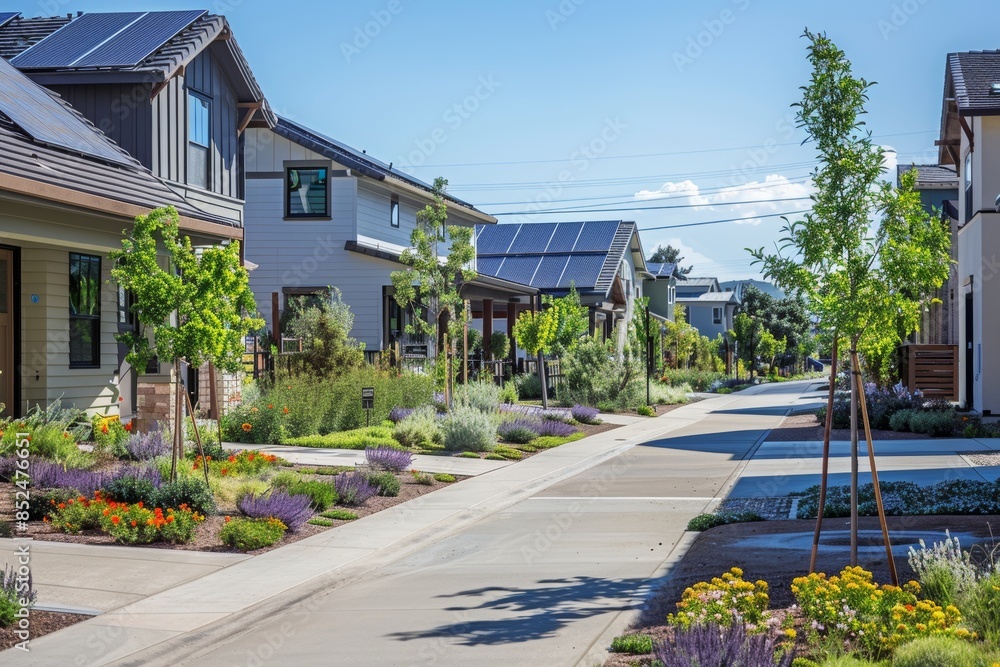 Eco-Friendly Suburban Neighborhood with Solar-Powered Homes and Sustainable Landscaping Eco-Friendly Suburban Neighborhood with Solar-Powered Homes and Sustainable Landscaping