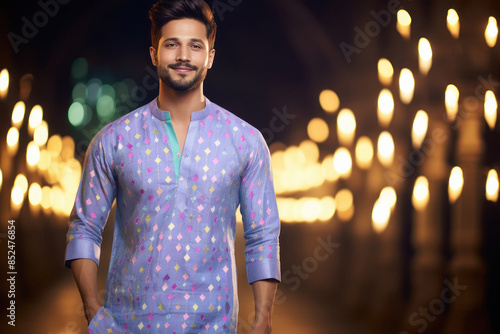 young indian man in traditional wear on lighting background photo