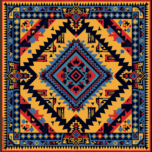 print design in the style of ethnic carpet patterns, Aztec art and African textile designs. Red blue yellow orange