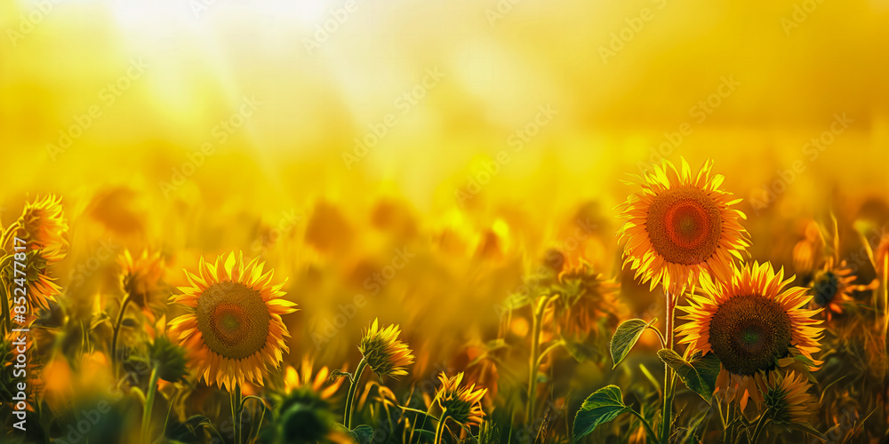 Fototapeta premium Golden sunflowers standing tall in a vibrant meadow, creating a sunny and joyful background. Great for summer designs, advertisements, and nature projects. Copy space