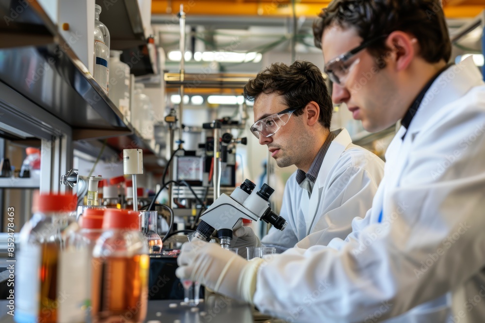 Scientists in Modern Lab Analyzing Graphene for Advanced Energy Storage Solutions Scientists in Modern Lab Analyzing Graphene for Advanced Energy Storage Solutions