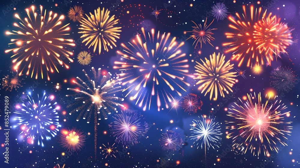 Naklejka premium Night of celebration with beautiful colorful fireworks, night sky of festivals time, Happy new year with vivid firework exploding background, abstract anniversary with pyrotechnics scene.