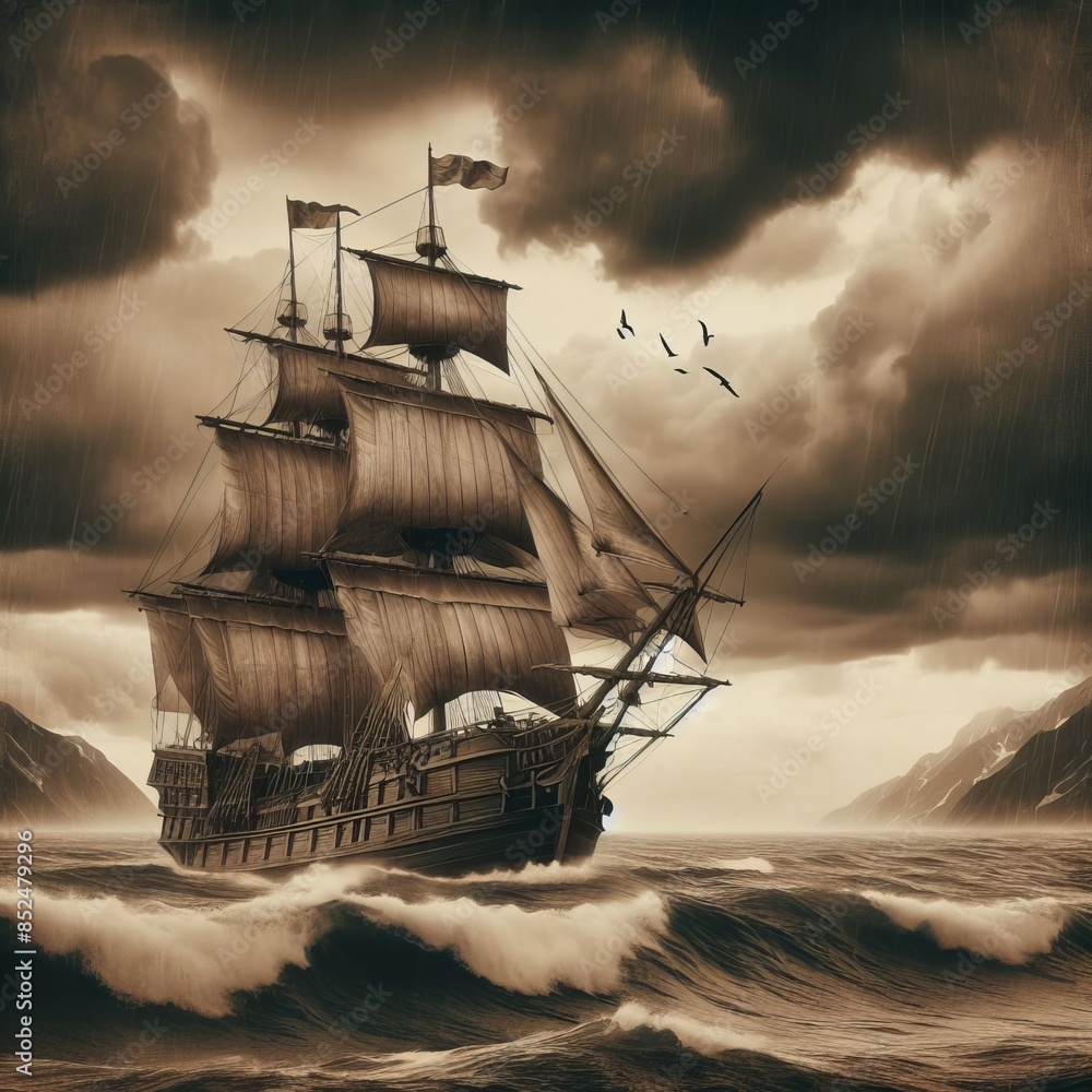 A dramatic scene of a vintage sailing ship battling rough, stormy seas ...