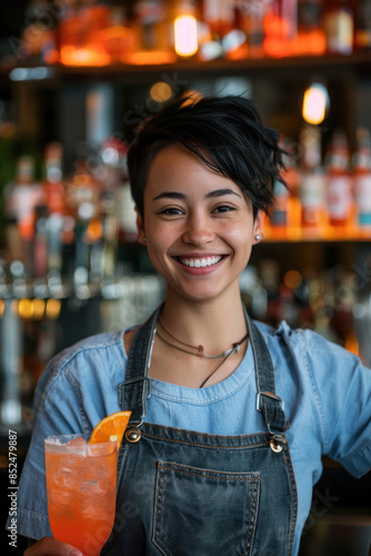 Captivating Smiling Bartender Portrait, Professional Environment, Diverse Workforce, Corporate Photography, Team Collaboration, Engaged Employees, Authentic Work Settings.