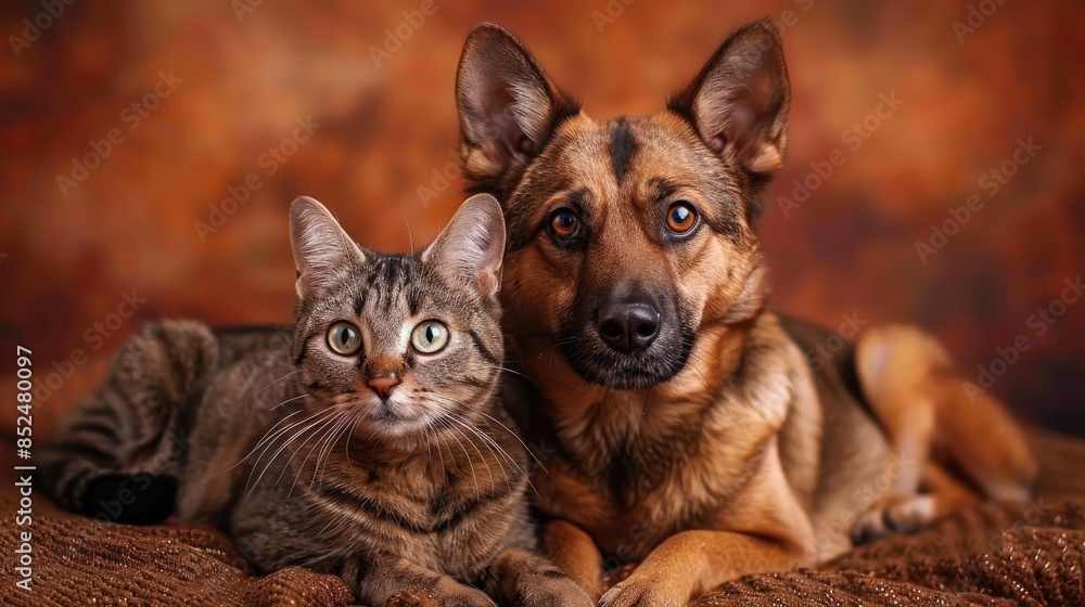 Brown cat and dog posing together in front of a dark orange backdrop Brown cat and dog posing together in front of a dark orange backdrop