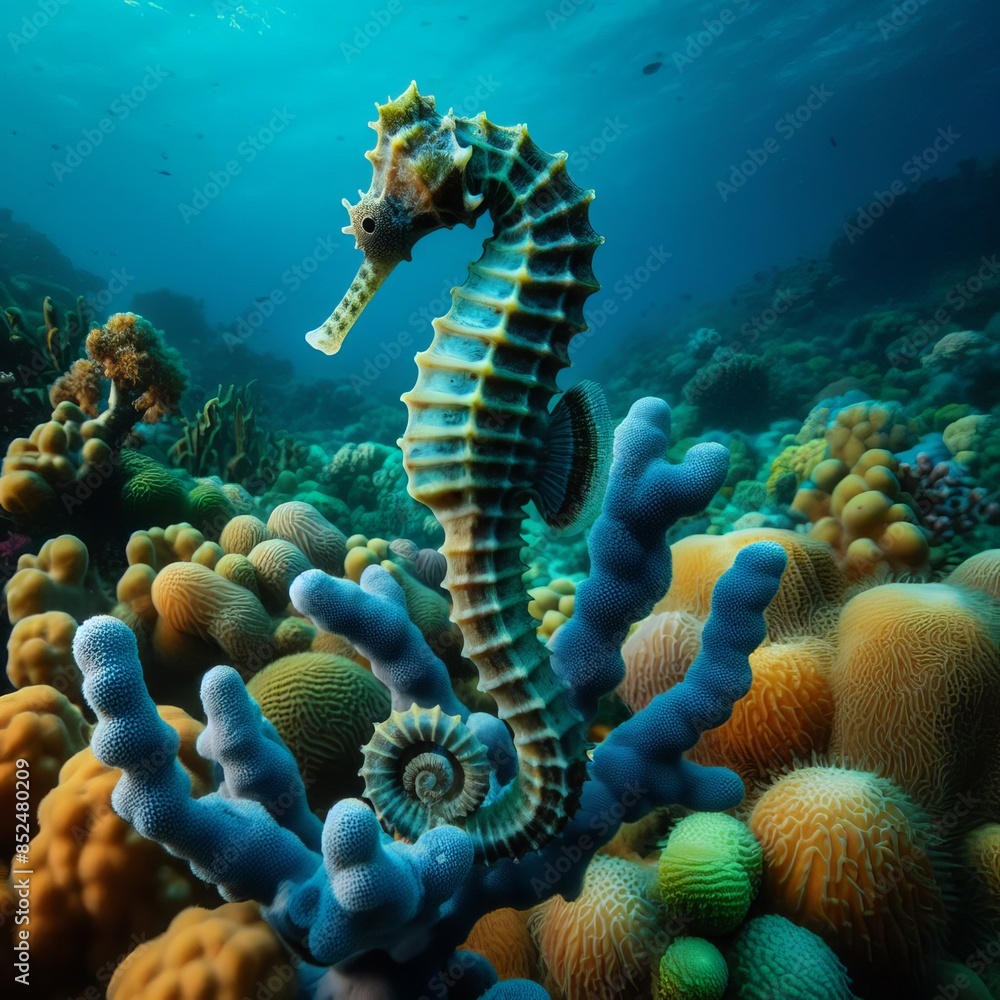 Close-up of a seahorse gracefully navigating a vibrant coral reef. The underwater scene showcases the diversity of marine life with colorful corals and clear blue water, capturing the beauty of ocean Close-up of a seahorse gracefully navigating a vibrant coral reef. The underwater scene showcases the diversity of marine life with colorful corals and clear blue water, capturing the beauty of ocean