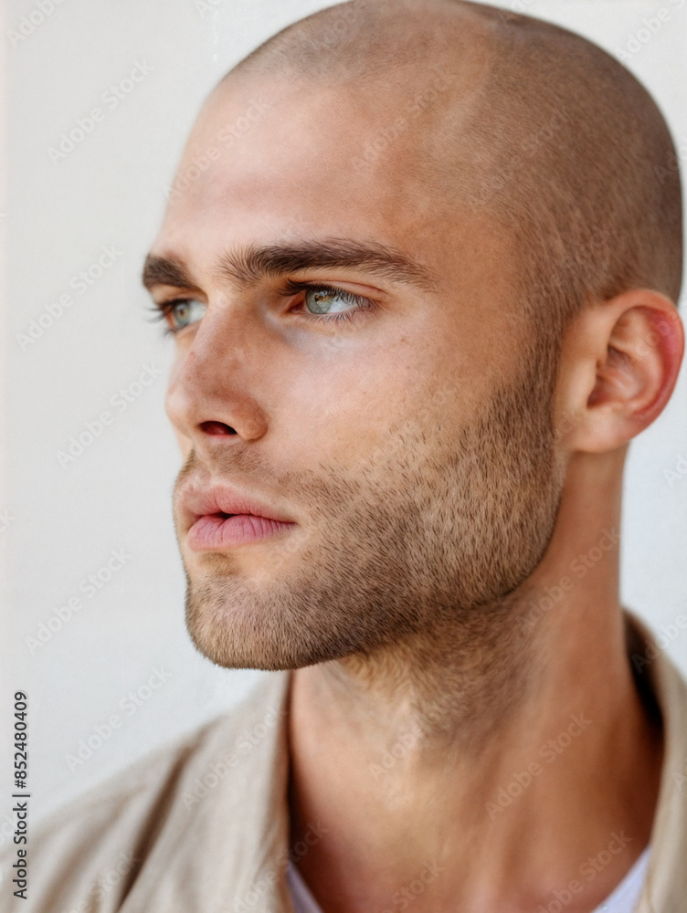 Fototapeta premium Bald young man with a bright personality. Stylish bald-headed person on white background