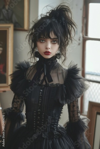 Portrait of a brunette Goth style inspired woman in art gallery, fashion and make-up shoot. Gothic, Goth, Emo, New Wave, Dark style fashion. Dark smokey make-up, red lipstick. Dramatic. Elegant.