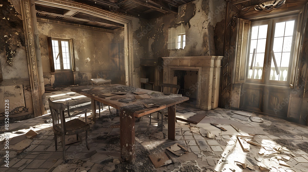 Rustic abandoned dilapidated new luxury home with broken table very detailed and realistic shape Rustic abandoned dilapidated new luxury home with broken table very detailed and realistic shape