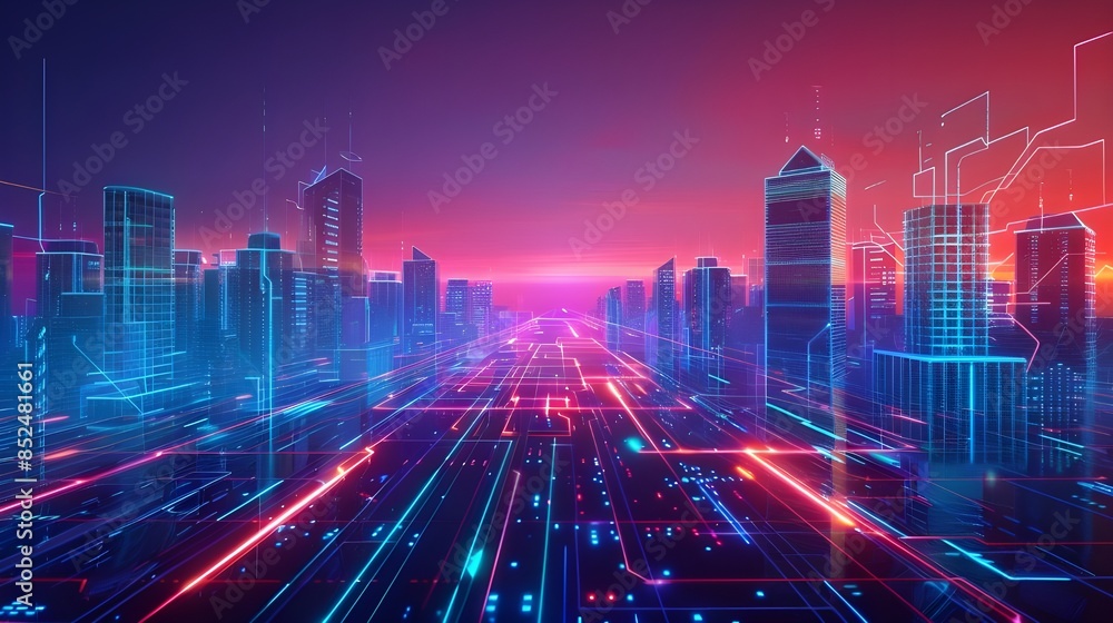 Futuristic of digital smart city with neon light and technology background, network connection and communication concept, virtual reality, with Generative Ai Futuristic of digital smart city with neon light and technology background, network connection and communication concept, virtual reality, with Generative Ai