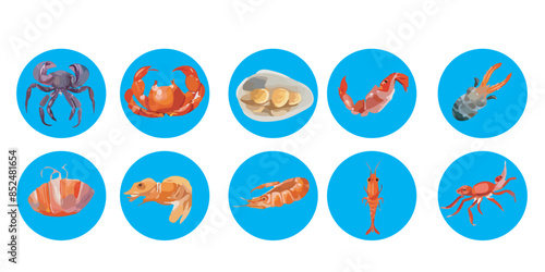 Vector collection of seafood featuring marine creatures: clams, shrimp, and octopus