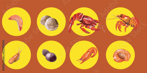 Vector collection of seafood featuring marine creatures: clams, shrimp, and octopus