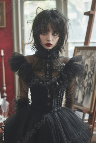 Portrait of a brunette Goth style inspired woman in art gallery, fashion and make-up shoot. Gothic, Goth, Emo, New Wave, Dark style fashion. Dark smokey make-up, red lipstick. Dramatic. Elegant.