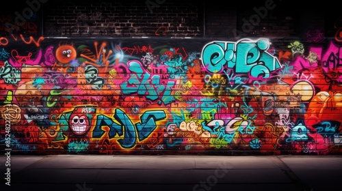 Fototapeta Naklejka Na Ścianę i Meble -  Photograph of a black brick wall adorned with colorful graffiti art, creating a vibrant contrast against the dark