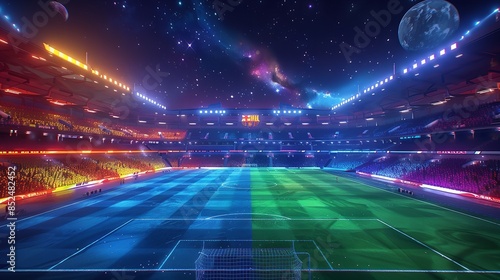 A nighttime view of a brightly lit soccer stadium in the game Rocket League, featuring colorful lights and a checkered field