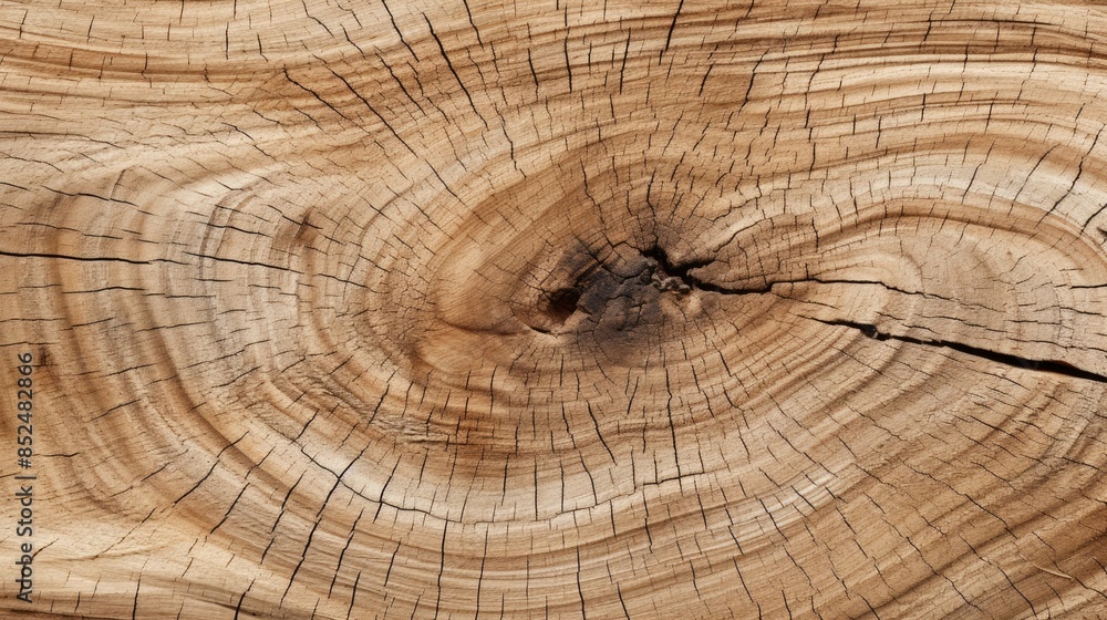 Naklejka premium Photograph of a crosscut light wood grain with a rustic, weathered appearance, revealing the natural beauty of the wood's age, abstract background