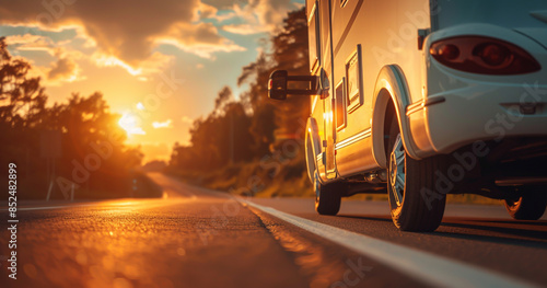 A car on the road at sunset with copy space